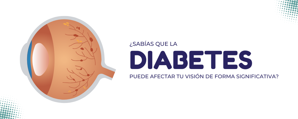 Este es un título sobre la diabetes que además muestra un ojo con pequeñas gotas de sangre que causan visión borrosa. 